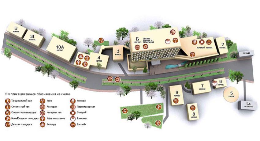 Схема расположения корпусов санатория Родник в городе Пятигорске